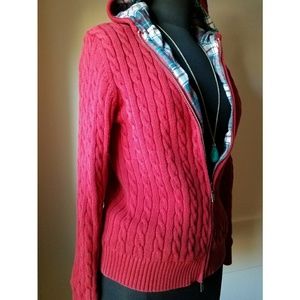 L.L. Bean Cable Knit Red and Flannel Sweater